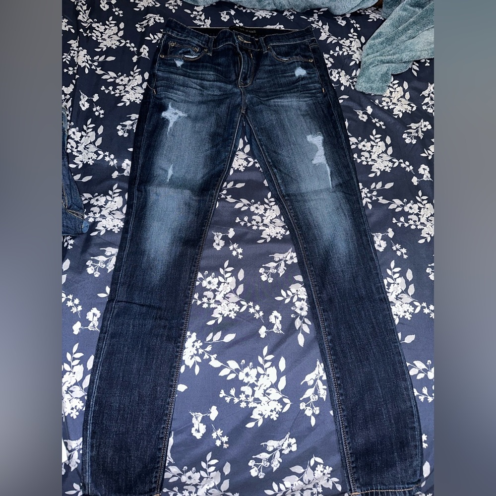 Express Women’s Skinny Jeans in Dark Wash Blue with Faded Distress
